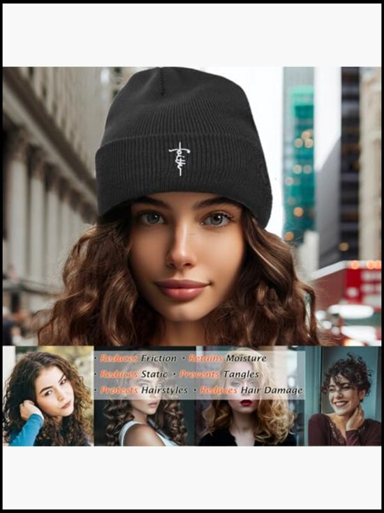 Satin Lined Knit Beanie Hat Women Embroidered Silk Lining Slouchy Cuffed main image 4